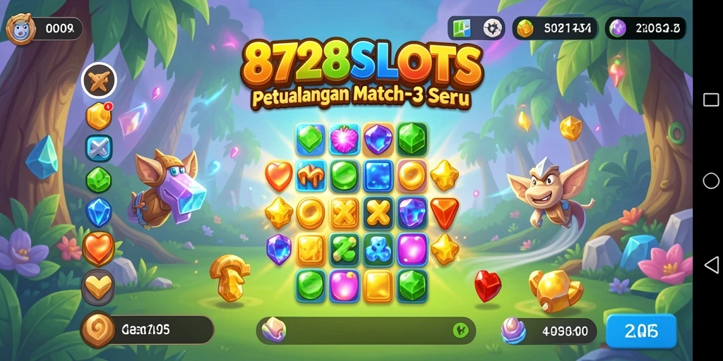 Tampilan gameplay seru 8728SLOTS dengan tantangan Match-3 yang menarik.