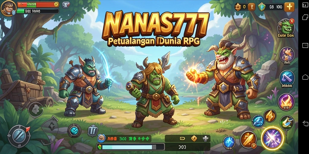 Tampilan epic gameplay NANAS777 dengan karakter RPG yang beraksi.