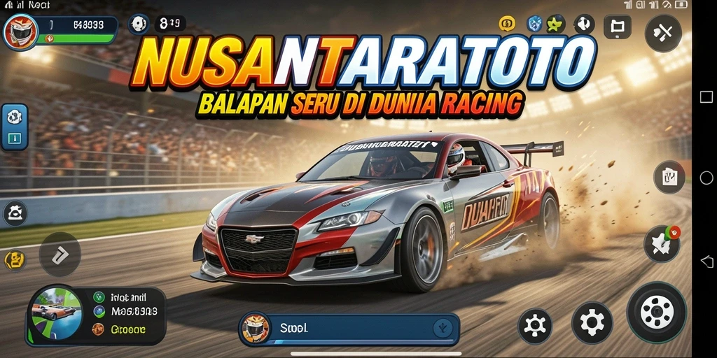Tampilan gameplay NUSANTARATOTO dengan mobil balap di lintasan.
