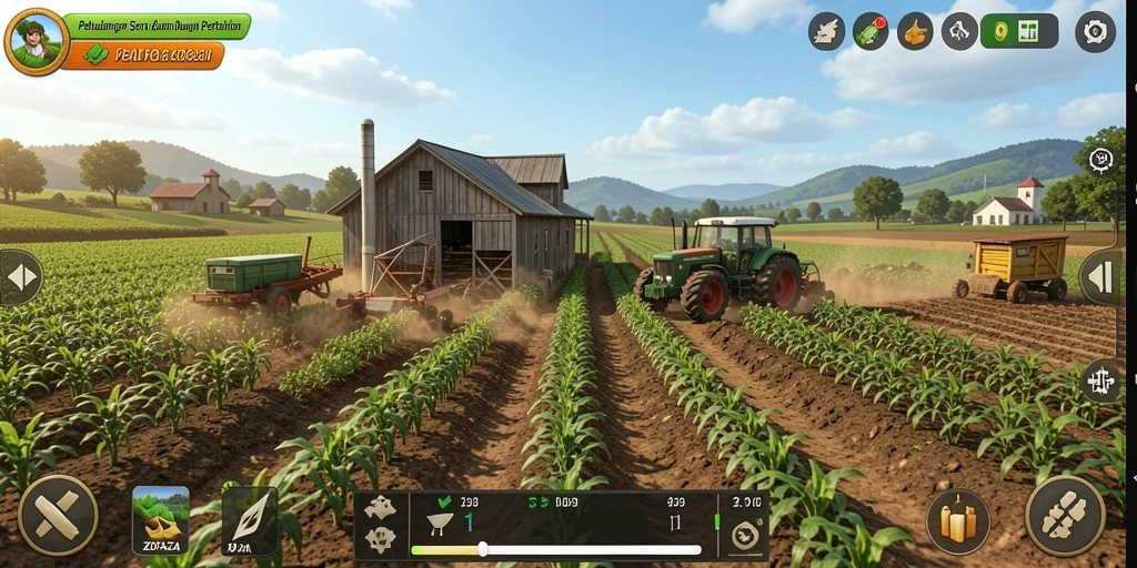 Tampilan gameplay <strong>ZOFAZA</strong> yang menampilkan ladang yang subur dan aktivitas pertanian.